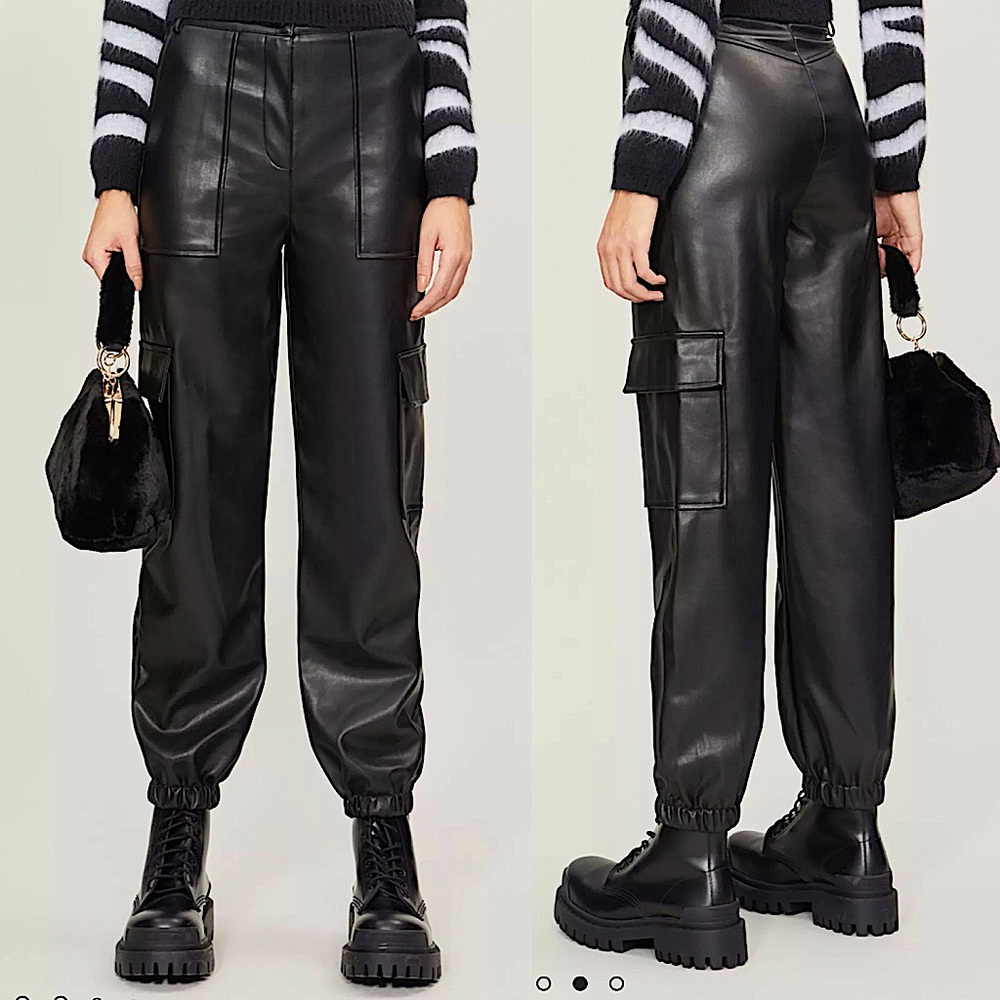 Topshop faux leather cargo trouser black high rise pants size 6 - Picture 1 of 6